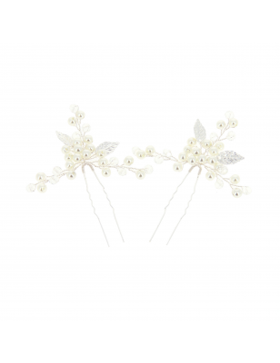 Lot de 2 épingles à chignon feuilles argentées et perles Lot de 2 épingles à chignon feuilles argentées et perles